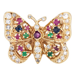 Vintage Butterfly Ring 14k Yellow Gold Diamond Gemstone Sz 4 Pinky Jewelry For Sale