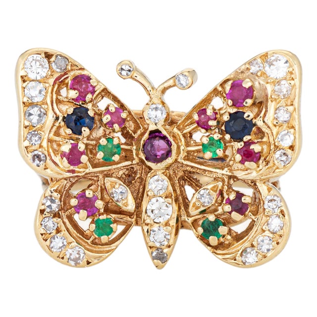 Vintage Butterfly Ring 14k Yellow Gold Diamond Gemstone Sz 4 Pinky Jewelry For Sale