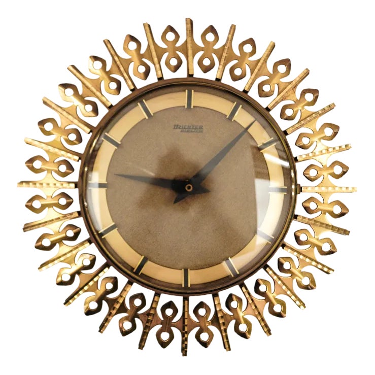 Mid-Century Modern Sunburst Wall Clock in Brass from Trichter, Germany ...