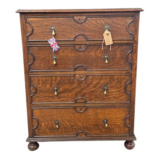 Late 19th Century Handsome Georgian Oak 4 Drawer Chest on Bun Feet With Decorative Molding Accents For Sale