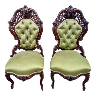 Mid 20th Century John Belter Style Laminated Rosewood High Relief Victorian Side Chairs a Pair For Sale