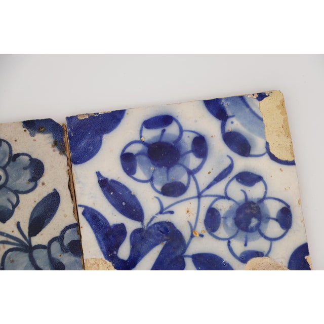 17th Century Portuguese Blue & White Floral Set of Two Tiles For Sale - Image 9 of 9