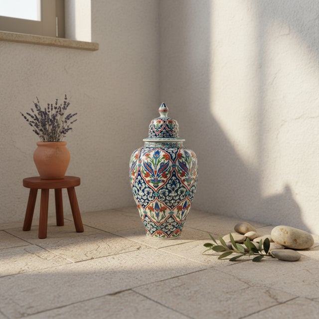 Handmade Ceramic Grand Shah Vase with Lid (60cm) Imperial Floral Lattice Pattern For Sale - Image 4 of 9