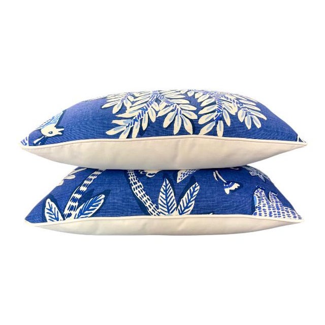 Lumbar Pillow Pair – Thibaut Goa Fabric With Sunbrella Contrast Welt & Back For Sale - Image 4 of 8