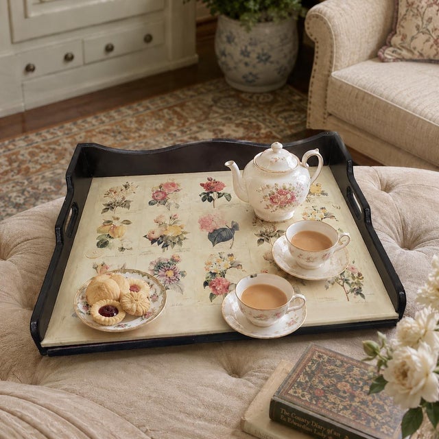 1920 Botanical Wood Butler Serving Tray Large Floral English Country Decor For Sale - Image 4 of 13