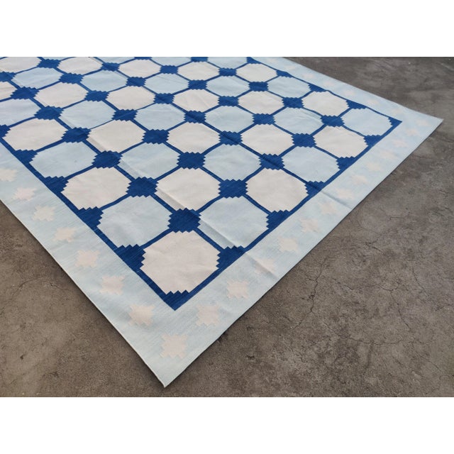 Handmade Cotton Natural Vegetable Dyed Reversible Light and Indigo Blue and White Box Pattern Vista Rug - 8'x10' For Sale - Image 6 of 11