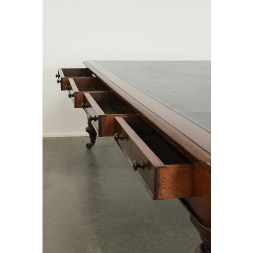 Large Antique English Library Writing Desk with a Dark Blue Leather Top, 19th Century For Sale - Image 9 of 15