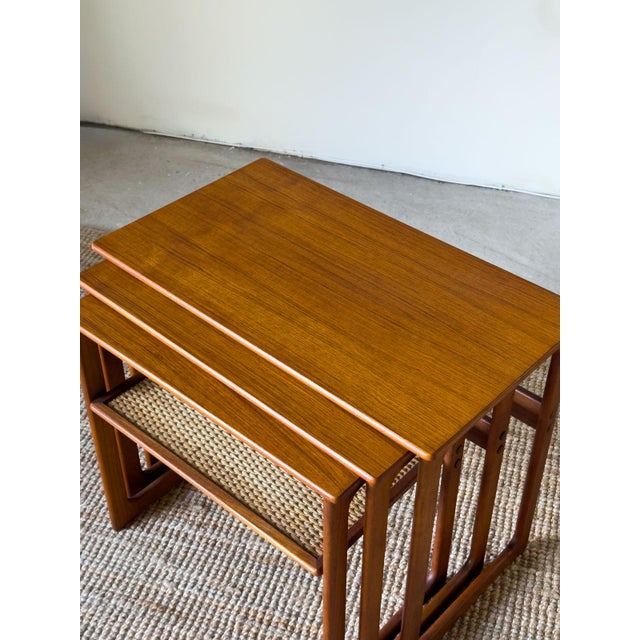 Teak Nest of Tables with Rattan Shelf by Johannes Andersen for Silkeborg, 1960s, Set of 3 For Sale - Image 12 of 17