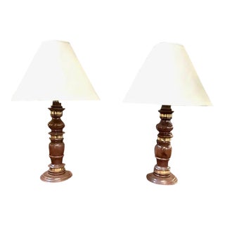 Pair of Mid Century Wood and Brass Lamps For Sale