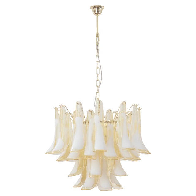 Italian Petal Suspension Lamp in Murano Glass Amber and White Color, 1990s For Sale