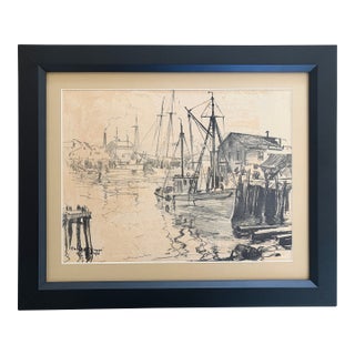 Emile A. Gruppe Original 1941 Harbor Drawing Signed Gloucester Scene Framed For Sale