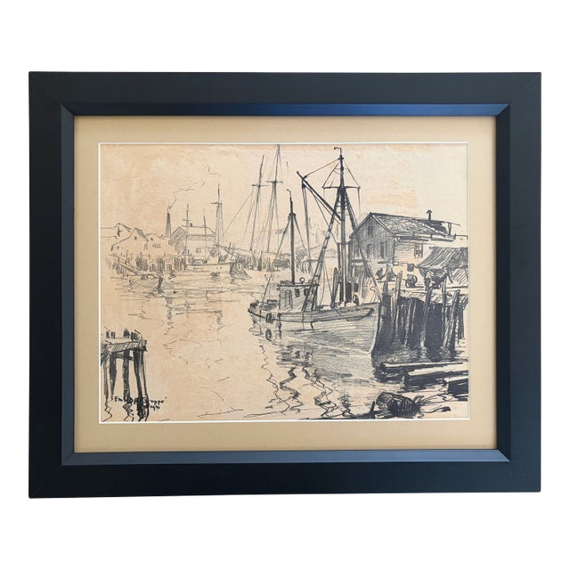 Emile A. Gruppe Original 1941 Harbor Drawing Signed Gloucester Scene Framed For Sale