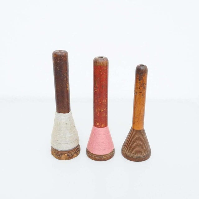 Rustic wooden spools of thread, by unknown manufacturer from Spain, circa 1930. In original condition, with minor wear...