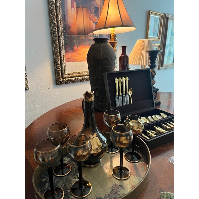 Mid-Century Modern Vintage Mid Century Smoky Grey Glass Pitcher/Decanter With 6 Matching Goblets - 7 pcs For Sale - Image 3 of 6