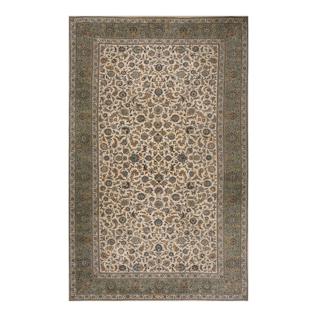 1940s Ivory Floral Antique Persian Formal Kashan Carpet 10' X 16' Knotted Pile Wool Rug For Sale