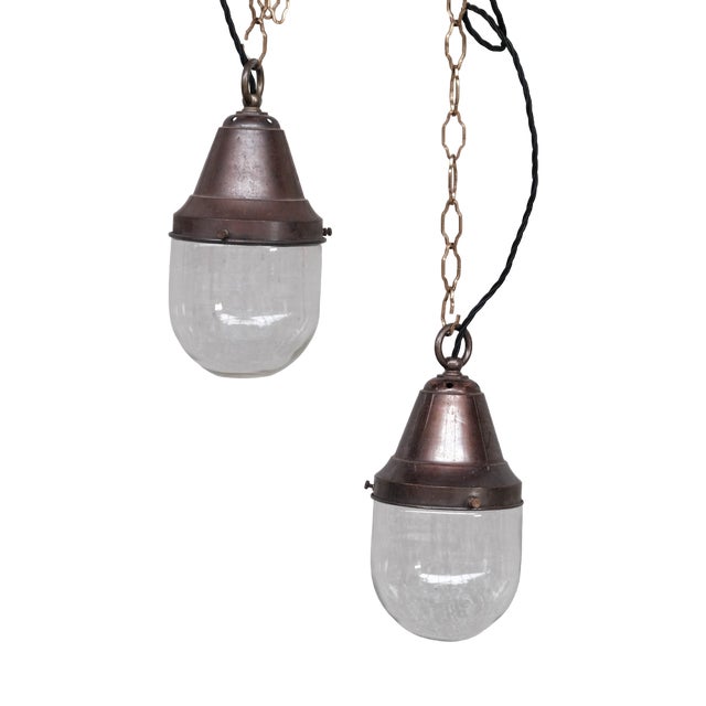 Small Industrial Brass and Clear Glass Pendant Lamps, 1930s, Set of 2 For Sale