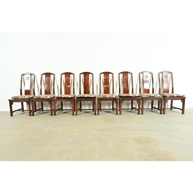 A gorgeous set of eight mid-century modern Hollywood Regency Chinoiserie dining chairs By Henredon USA, Circa 1970s Solid...