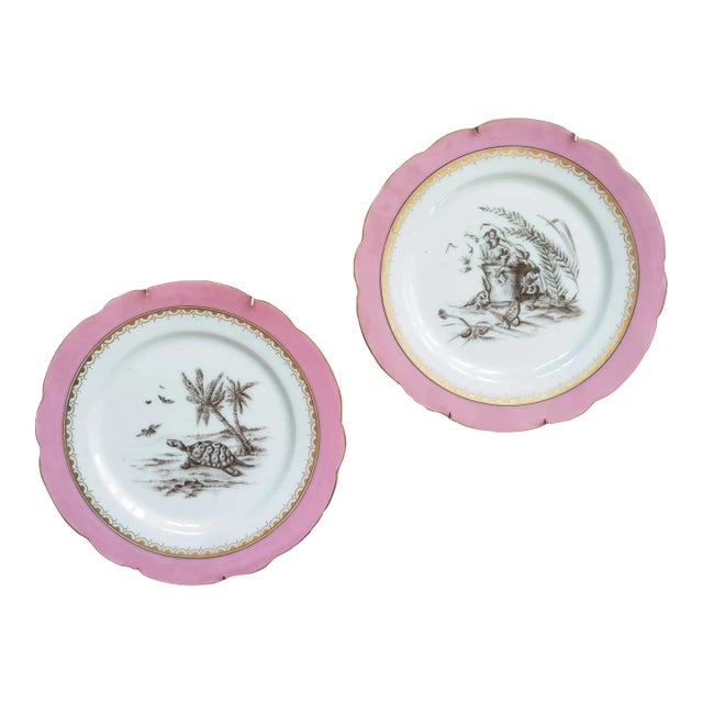 19th Century Pair of Decorative Wall Plates Animals and Pink Rim Attributed to Limoges France For Sale