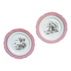 19th Century Pair of Decorative Wall Plates Animals and Pink Rim Attributed to Limoges France