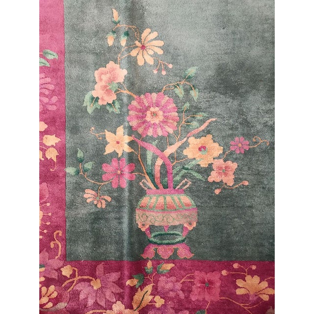 Art Deco 1920s Green Floral Antique Chinese Art Deco Rug 8'9" X 11'3" Handknotted Wool Carpet For Sale - Image 3 of 6