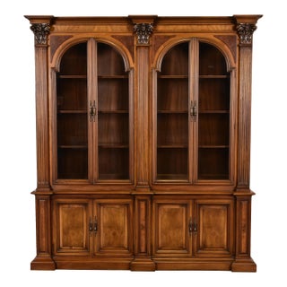 Romweber Neoclassical Carved Burled Walnut Lighted Breakfront Bookcase Cabinet, Circa 1960s For Sale