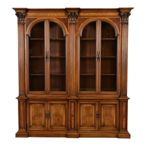 Romweber Neoclassical Carved Burled Walnut Lighted Breakfront Bookcase Cabinet, Circa 1960s