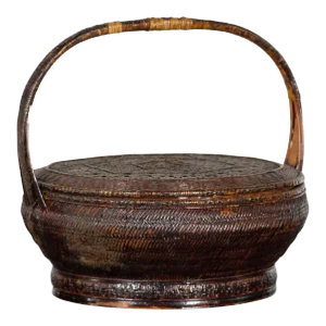 19th Century Chinese Qing Dynasty Handwoven Rattan & Bamboo Handled Basket