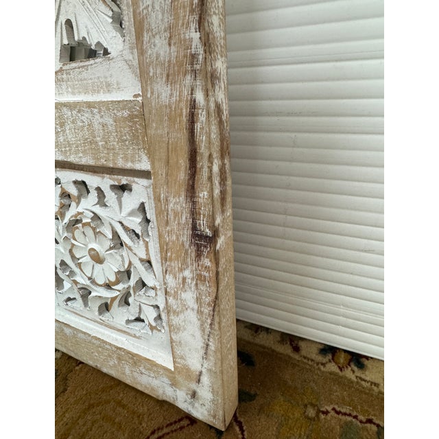 White Bohemian Rustic Carved Mango Wood Wall Panel Mirror For Sale - Image 8 of 12