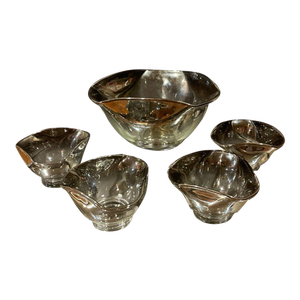Vintage Mid-Century Modern Dorthy Thorpe Silver Fade Smoke Glass Serving Bowl With 4 Bowls Set- 5 Pieces