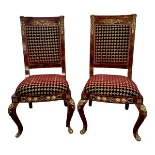Vintage Louis Palace Neoclassical Style Mahogany & Burl Wood Upholstered Dining Chairs - Pair For Sale