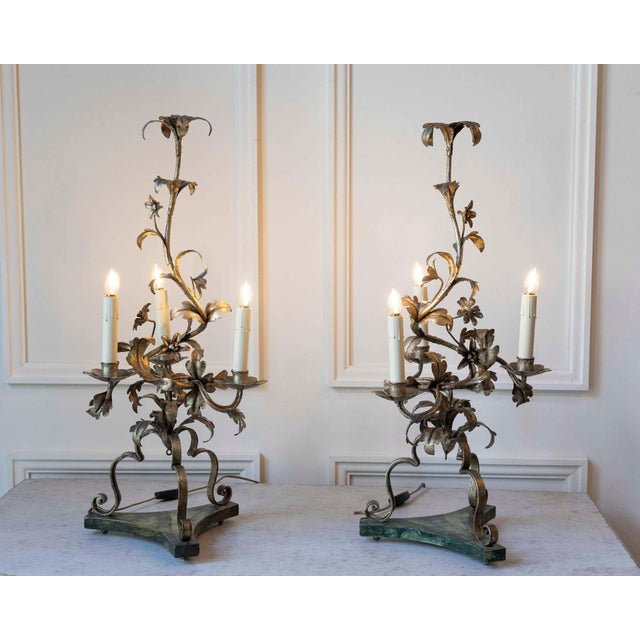 Pair Of Italian Candelabra 20th Century Silver-leaf Wrought Iron Foliate Lamps For Sale - Image 12 of 15