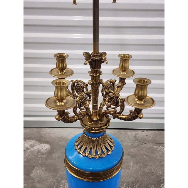 Metal Antique French Blue Opaline Glass & Bronze Candelabra Table Lamp For Sale - Image 7 of 16