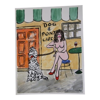 Nude and Poodle Dog Cityscape Pop Art Americana Surrealism Green Gray Beige Blue Original Painting by Cleo Plowden For Sale
