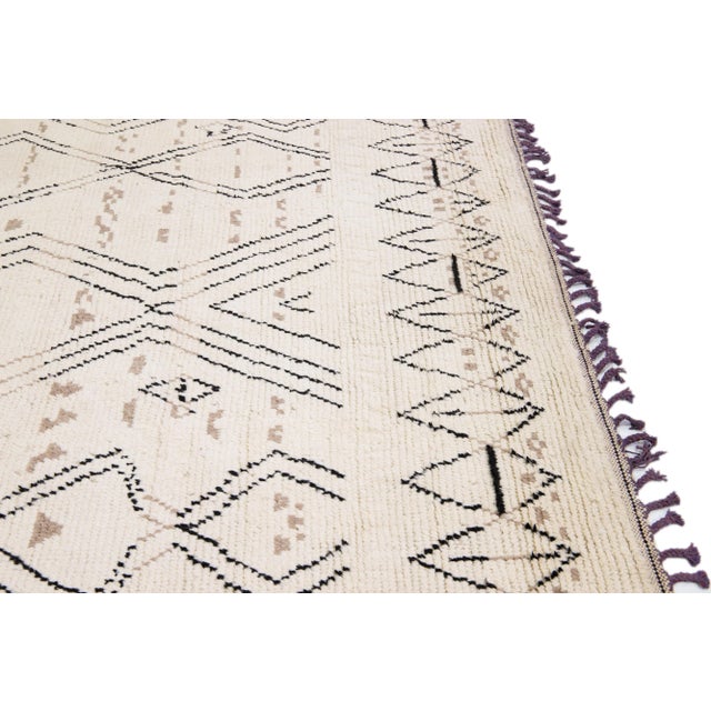 Ivory Contemporary Moroccan Style Handmade Ivory Wool Rug With Tribal Design For Sale - Image 8 of 13