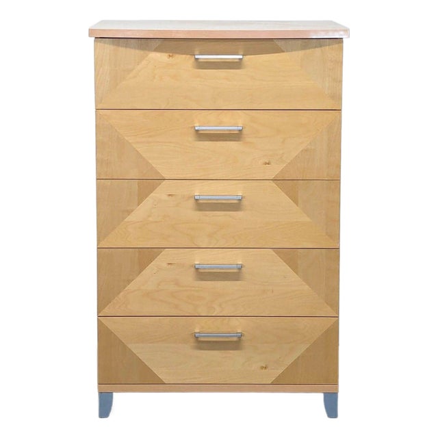 Alf Italia Contemporary 5-Drawer Light Wood Dresser With Silver Handles For Sale