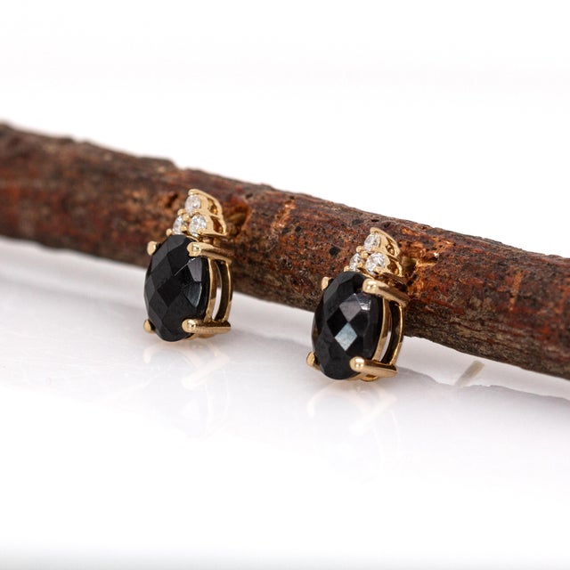 Oval Shaped Black Spinel Stud Earrings in 14k Solid Gold With Natural Diamonds- 2 Pieces For Sale - Image 4 of 7