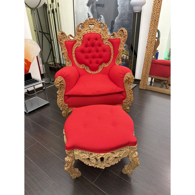 Textile Set of Vintage Chair with Ottoman in Carved and Carved Wood by Urano Palma, 1980 For Sale - Image 7 of 10