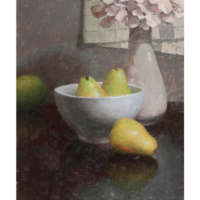 Four Pears by Mark Bradley Schwartz | Oil on canvas Still life of four pears in a bowl For Sale