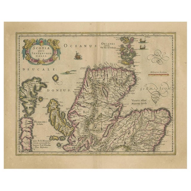 The antique map, titled 'Scotiae pars septentrionalis,' depicts the northern part of Scotland. Crafted by Hondius around...