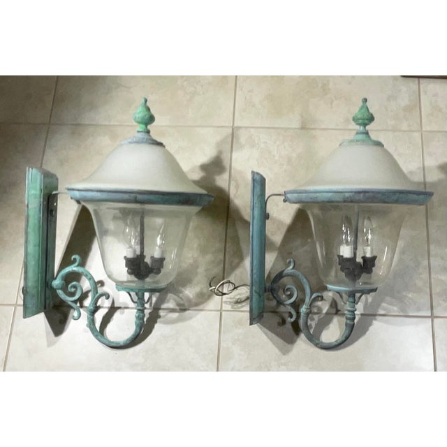 Pair of Vintage Solid Brass Outdoor Sconces - Large Verdigris Patina Lanterns For Sale In Miami - Image 6 of 16