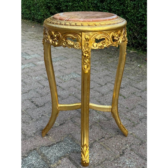 1950s French Louis XVI Gold Beech Marble Side Tables Pair For Sale - Image 9 of 11