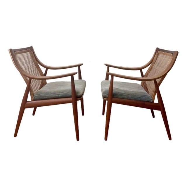 Pair of 1960s Peter Hvidt & Orla Moregaard Teak Lounge Chairs With Caned Backs For Sale