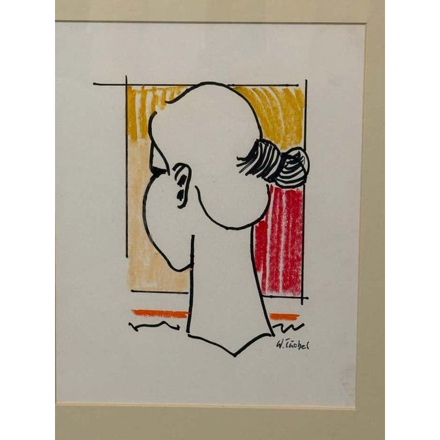 Modern Pastel and Ink Portrait of a Woman Looking Away .By Bw. Tishel For Sale - Image 3 of 7