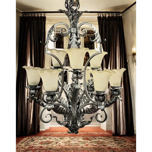 Mid 20th Century French Art Deco 9-Light Hand-Forged Wrought Iron Acanthus Chandelier For Sale - Image 15 of 18