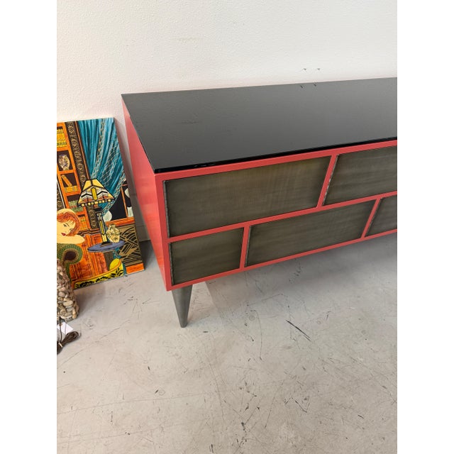 1990s Custom 11 Drawer Credenza in Red with Brushed Steel Doors and Black Glass Top For Sale - Image 4 of 17