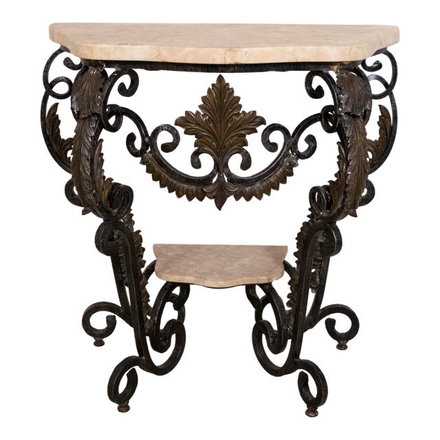 Marble Top Iron & Bronze Base French Console Table For Sale