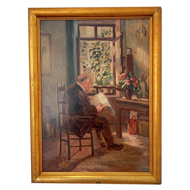 Lino Umberto Salini, Personnage lisant le Journal, 1919, Oil on Cardboard, Framed For Sale