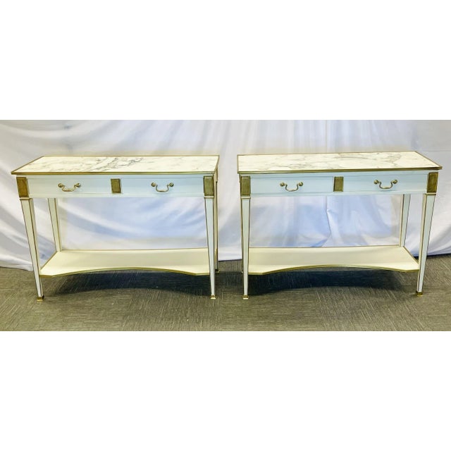 Pair of Hollywood Regency Neoclassical White Sofa or Console Tables, Sideboards or Serving Tables, Manner of Maison Jansen...