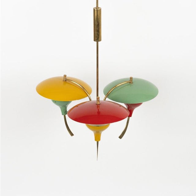 Midcentury amazing three light adjustable chandelier in red, green and yellow enameled metal and brass in the style of...