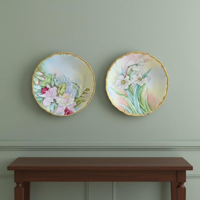 Antique set of six Jean Pouyat (J.P.L.) Limoges porcelain cabinet plates, c.1890–1930, made in Limoges, France. Pouyat was...